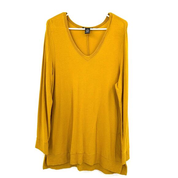 Adrianna Papell Size Medium Tunic Yellow Long Sleeve Textured V Neck‎ Workwear - Picture 1 of 4